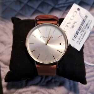 Coach Perry Watch With 36mm Golden Face & Brown Leather Band With Hearts Design